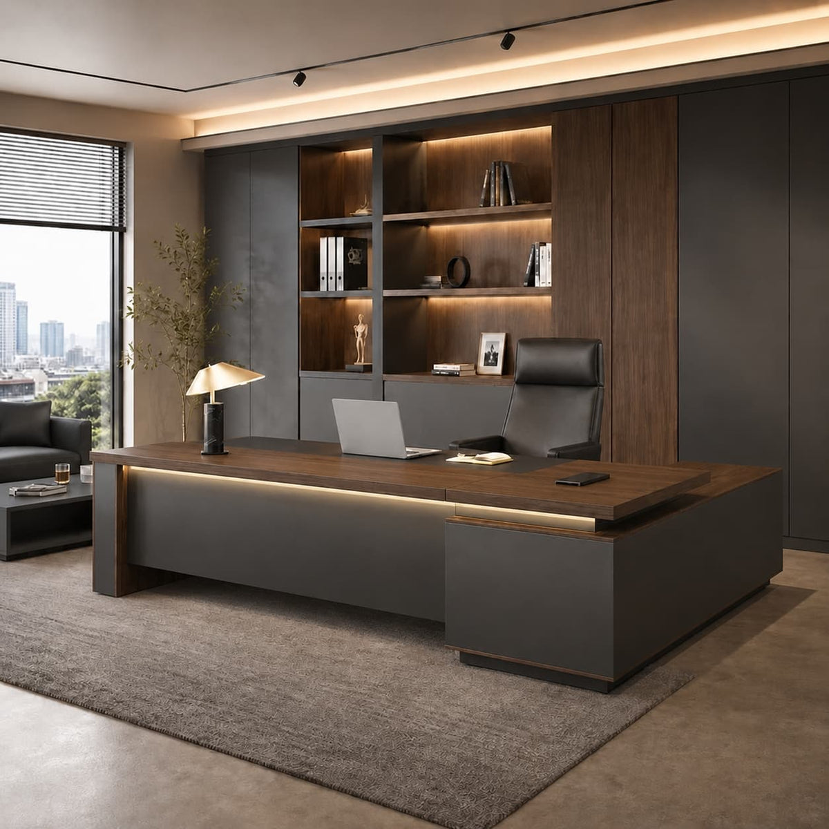 Walnut L-Shaped Executive Desk with Power and Storage – product image 2 Image principale du produit