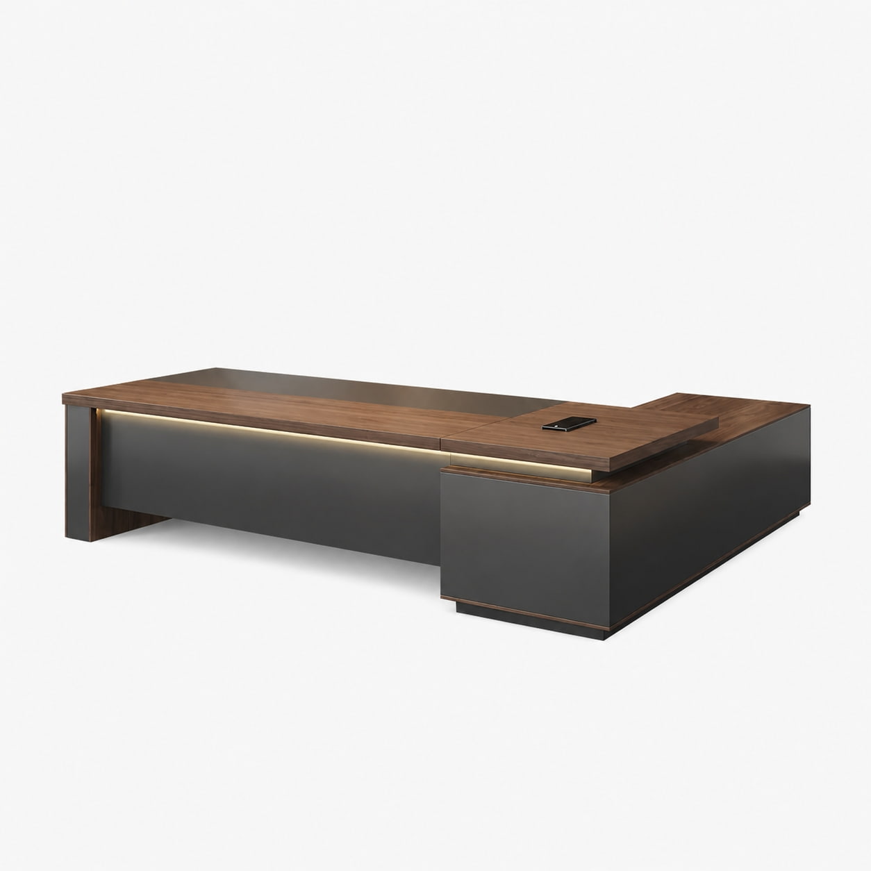 Bureau de direction en L, noyer, avec prises et rangements Image secondaire du produit