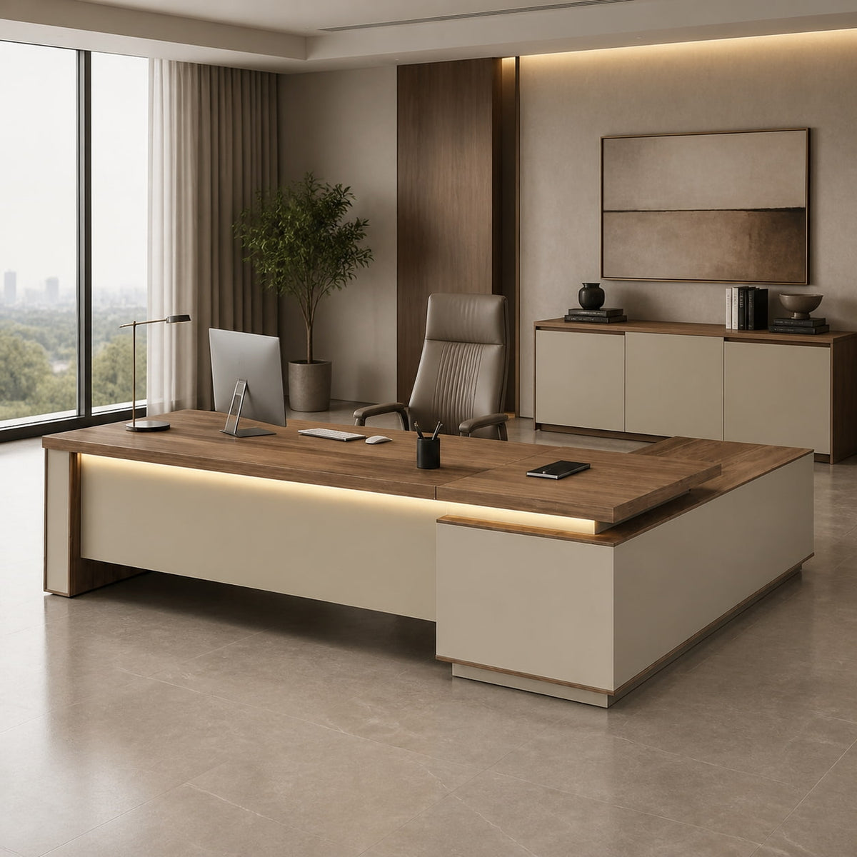Walnut L-Shaped Executive Desk with Power and Storage – product image 13