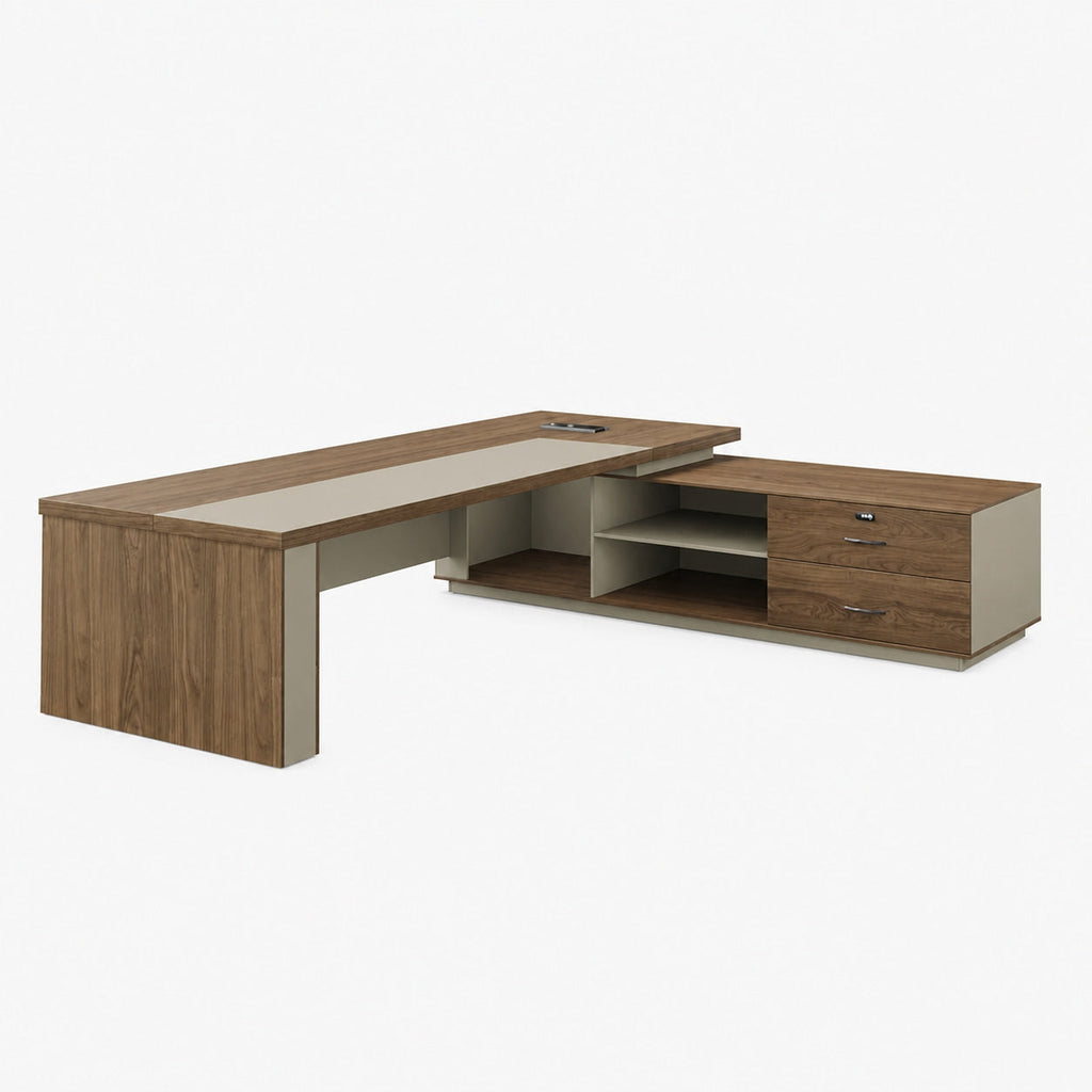 Walnut L-Shaped Executive Desk with Power and Storage – product image 8
