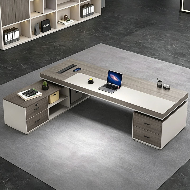 Bureau de direction d'angle en chêne gris avec armoires latérales