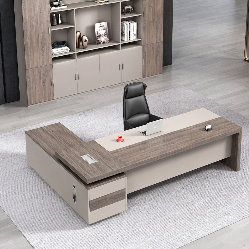 Wood-Grain Executive Desk with Side Cabinet & Dial Lock