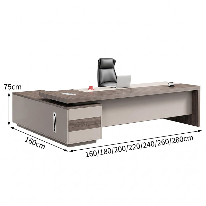 Wood-Grain Executive Desk with Side Cabinet & Dial Lock