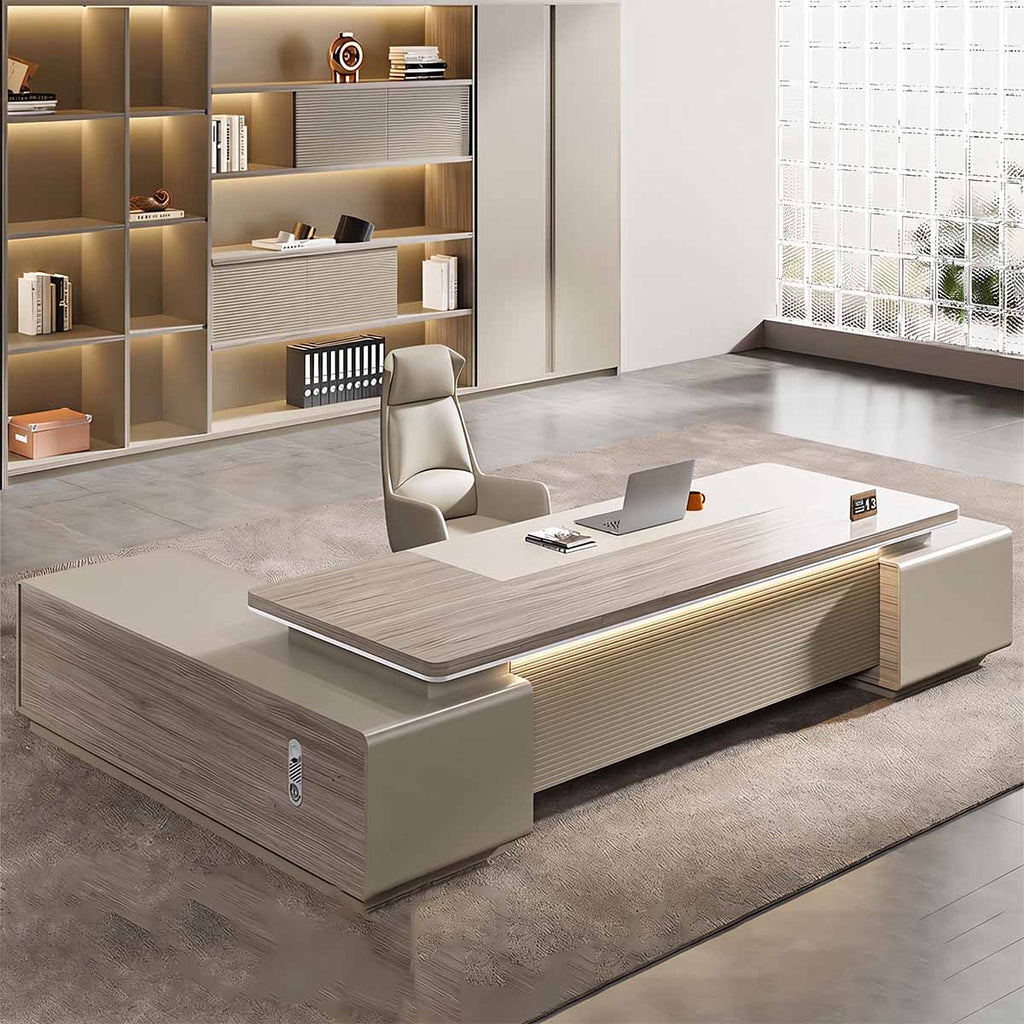 Wood-Grain Executive Desk with Side Cabinet