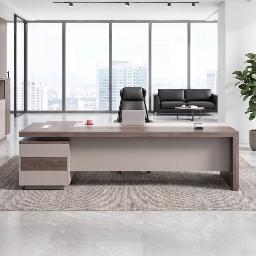 Wood-Grain Executive Desk with Side Cabinet & Dial Lock