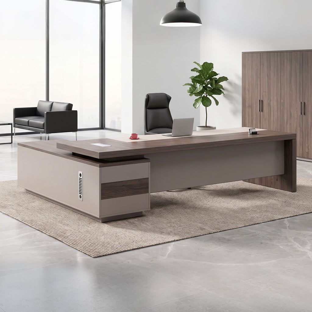 Wood-Grain Executive Desk with Side Cabinet & Dial Lock