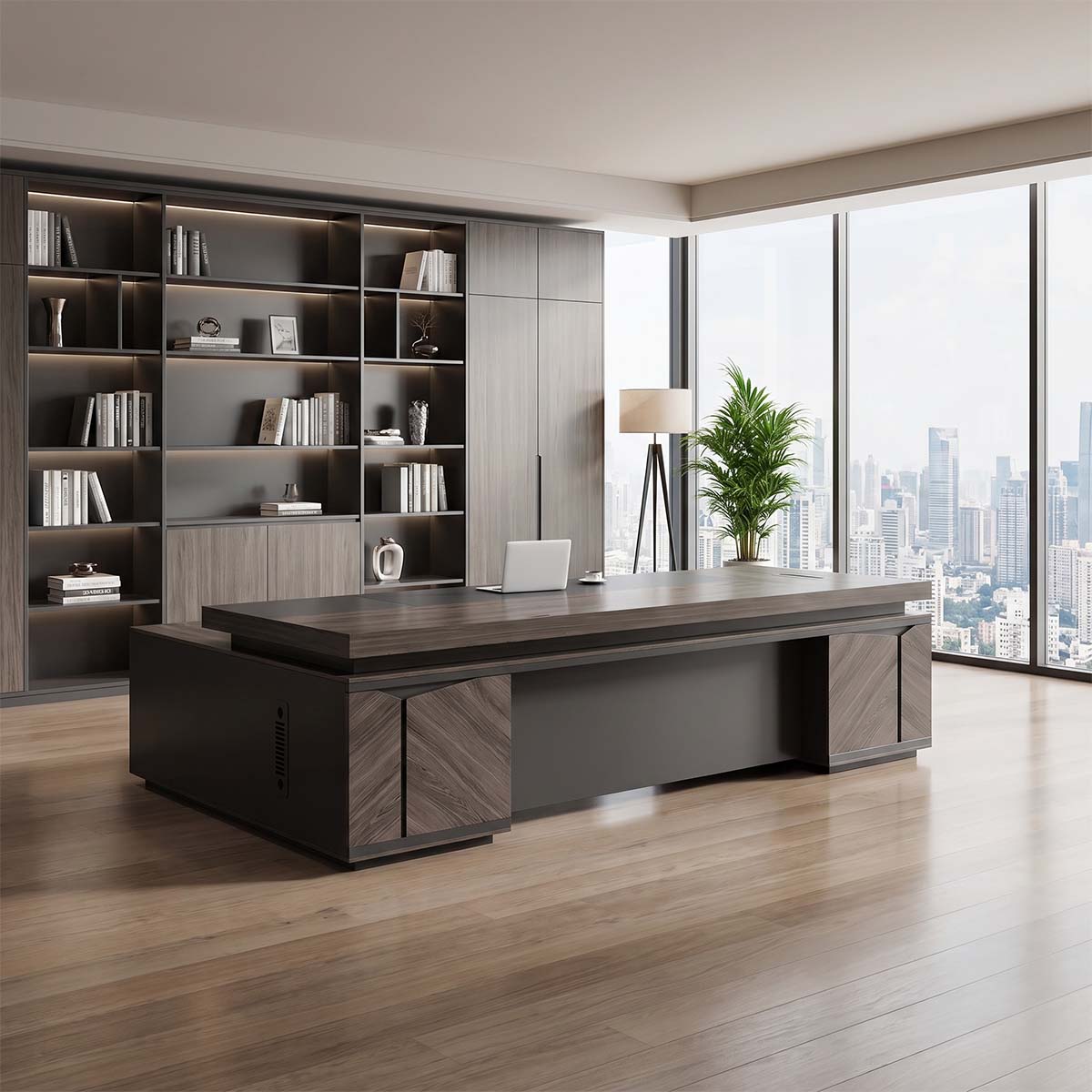 Bureau de direction moderne imitation bois avec tiroirs Image secondaire du produit